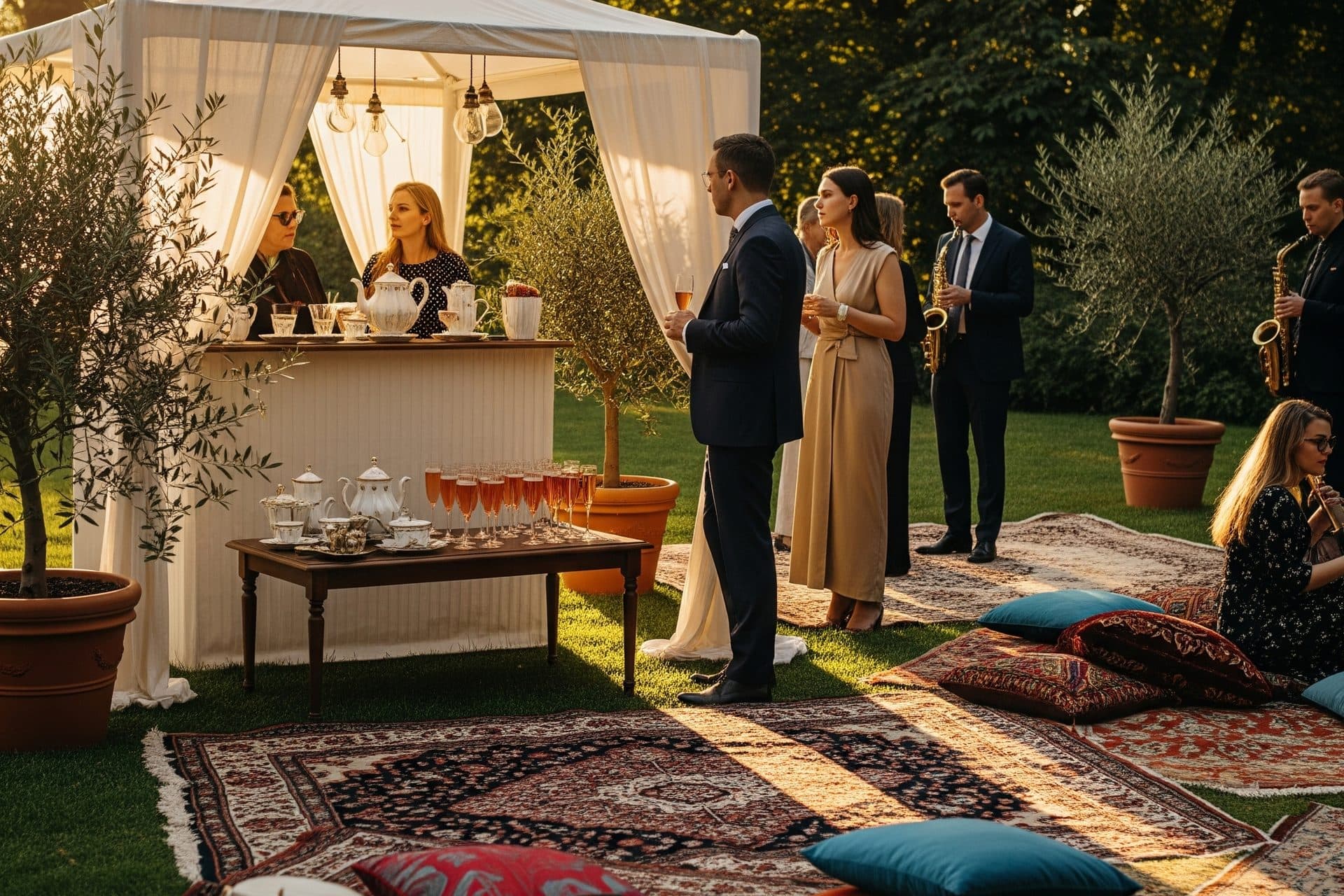 Garten Event — Outdoor-Setup mit persischen Teppichen